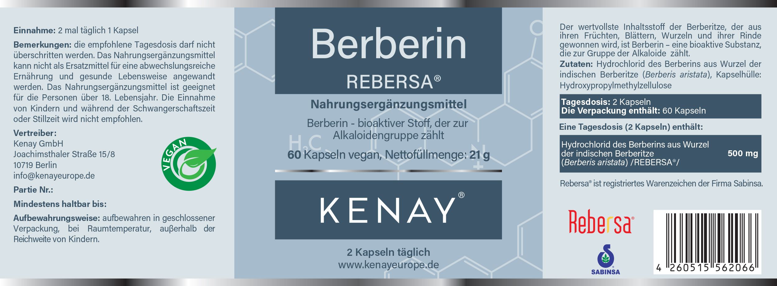 Etikett mit Text: Berberin REBERSA®, KENAY®. Nahrungsergänzungsmittel. 60 Kapseln. Vegan. Zutatenliste. Informationen zur Anwendung.