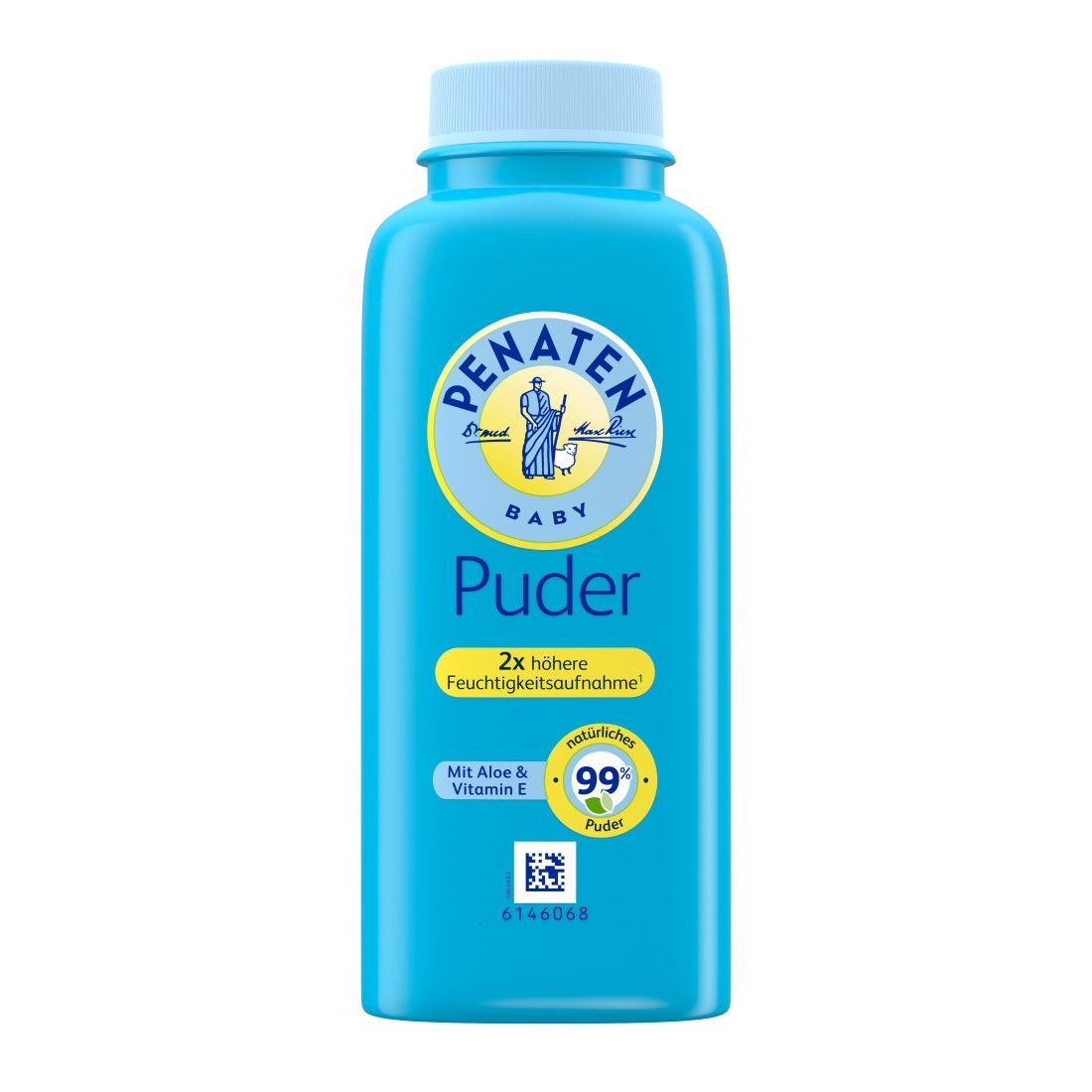 Hellblaue Flasche Penaten Baby Puder. Weißer Deckel. Gelbe Schrift: Puder, 2x höhere Feuchtigkeitsaufnahme. Mit Aloe & Vitamin E.