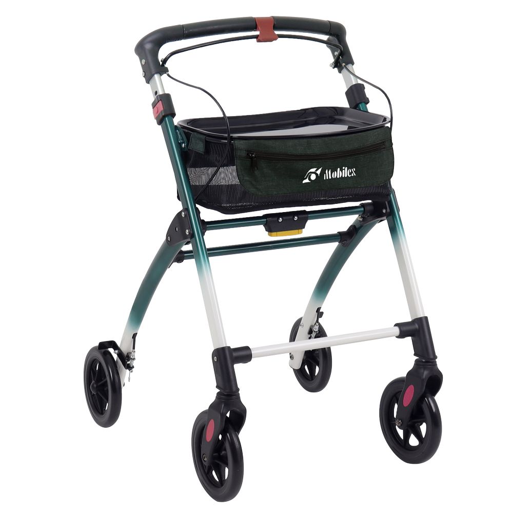 Grüner Rollator mit Korb und Rädern. Marke Mobilex.