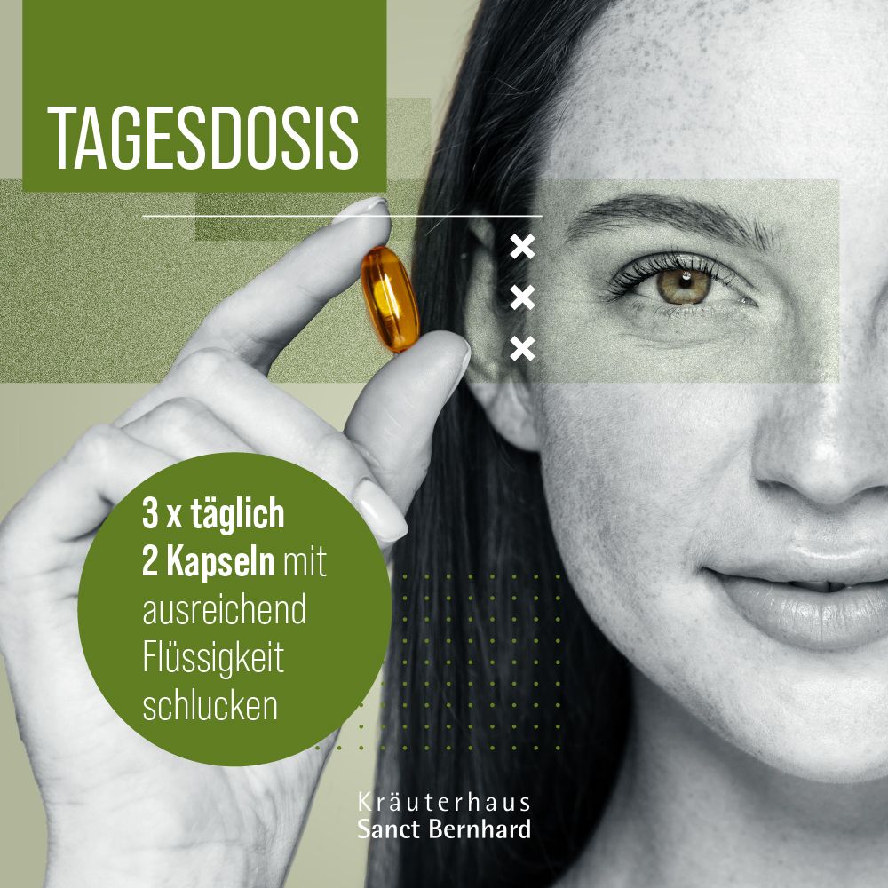 Hand hält eine Kapsel. Text: 3 x täglich 2 Kapseln mit ausreichend Flüssigkeit schlucken.