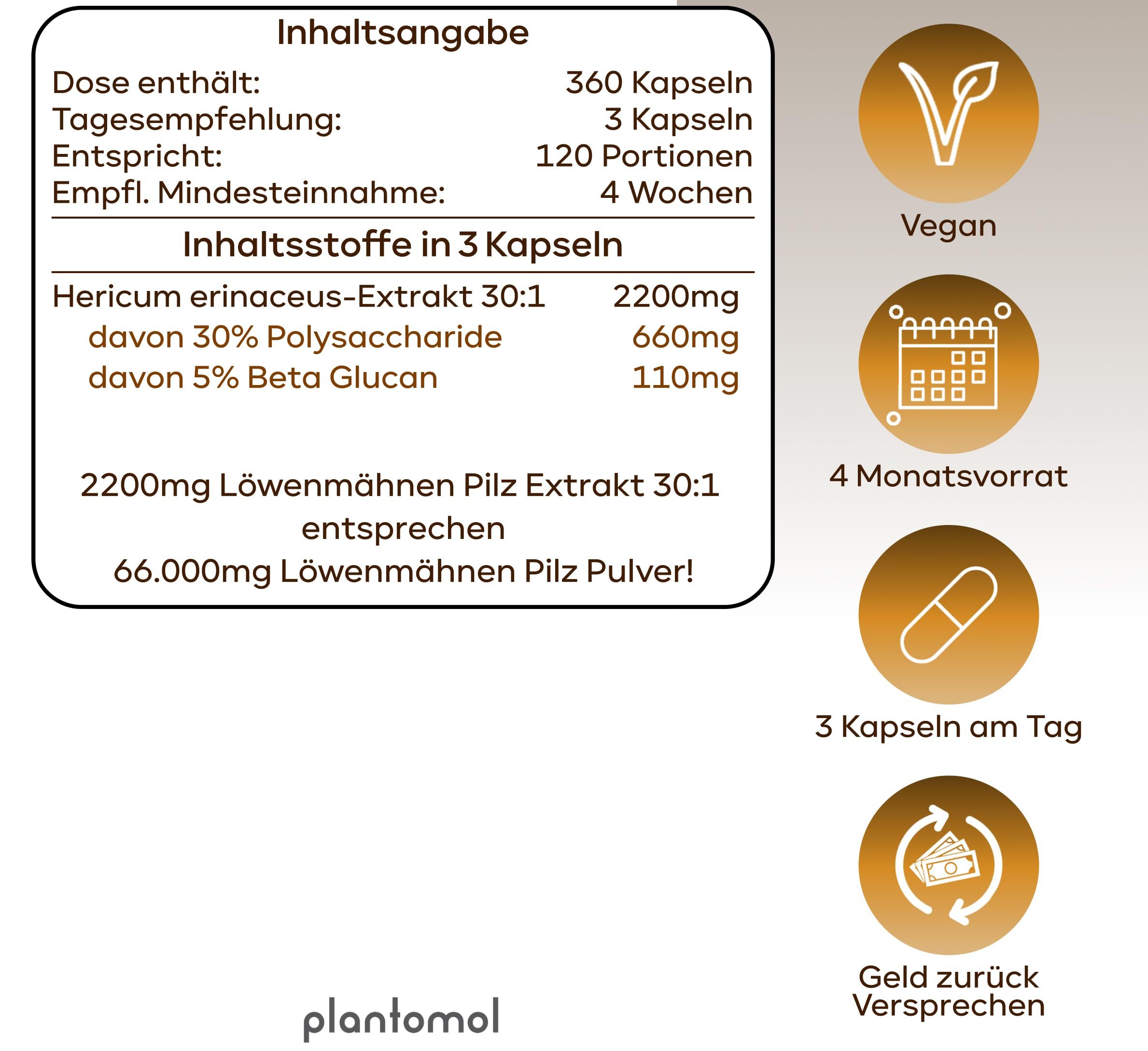 Infografik: 360 Kapseln, 3 Kapseln/Tag, 120 Portionen, 4 Monate Vorrat. Vegan. Inhaltsstoffe: Hericium erinaceus-Extrakt, Polysaccharide, Beta Glucan.