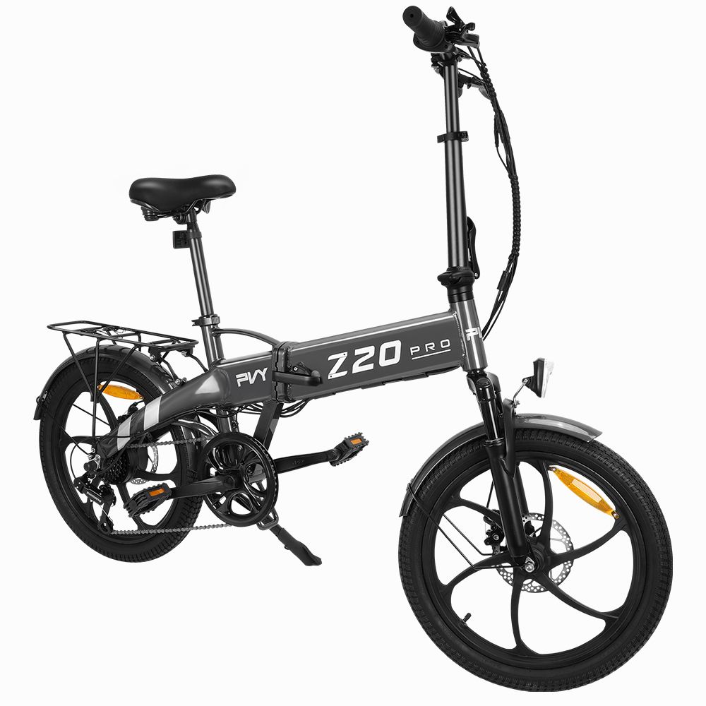 Faltbares E-Bike PVY Z20 Pro, grau, mit Gepäckträger. Shimano 6-Gang-Schaltung. Frontansicht.