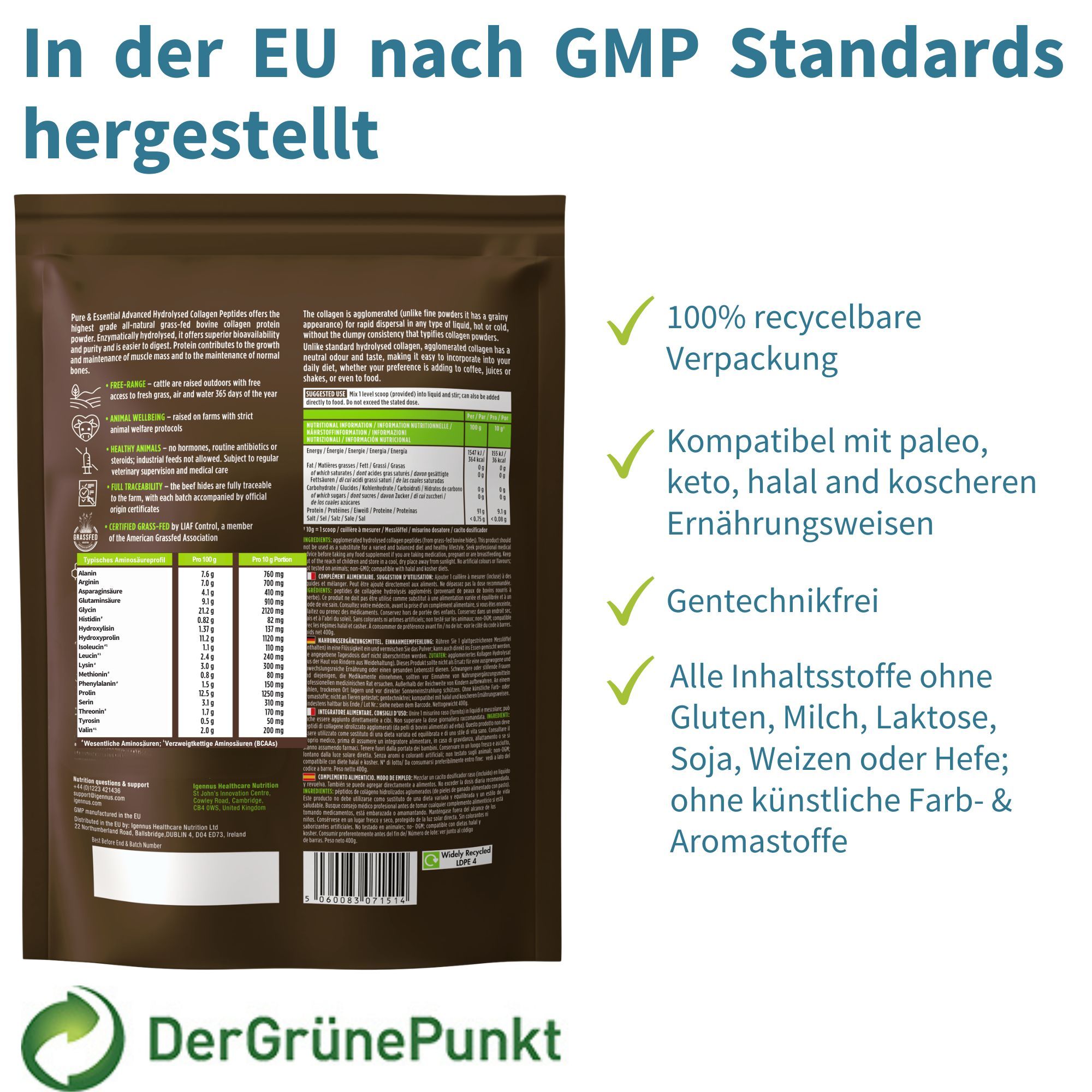 Rückseite der Kollagenpulver-Verpackung mit Hinweisen zur Herstellung und Inhaltsstoffen.