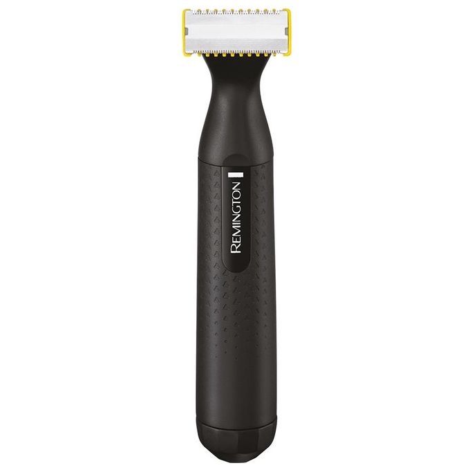 Schwarzer Rasierer mit weißem Scherkopf und gelben Kanten. Der Griff trägt den Markennamen Remington.