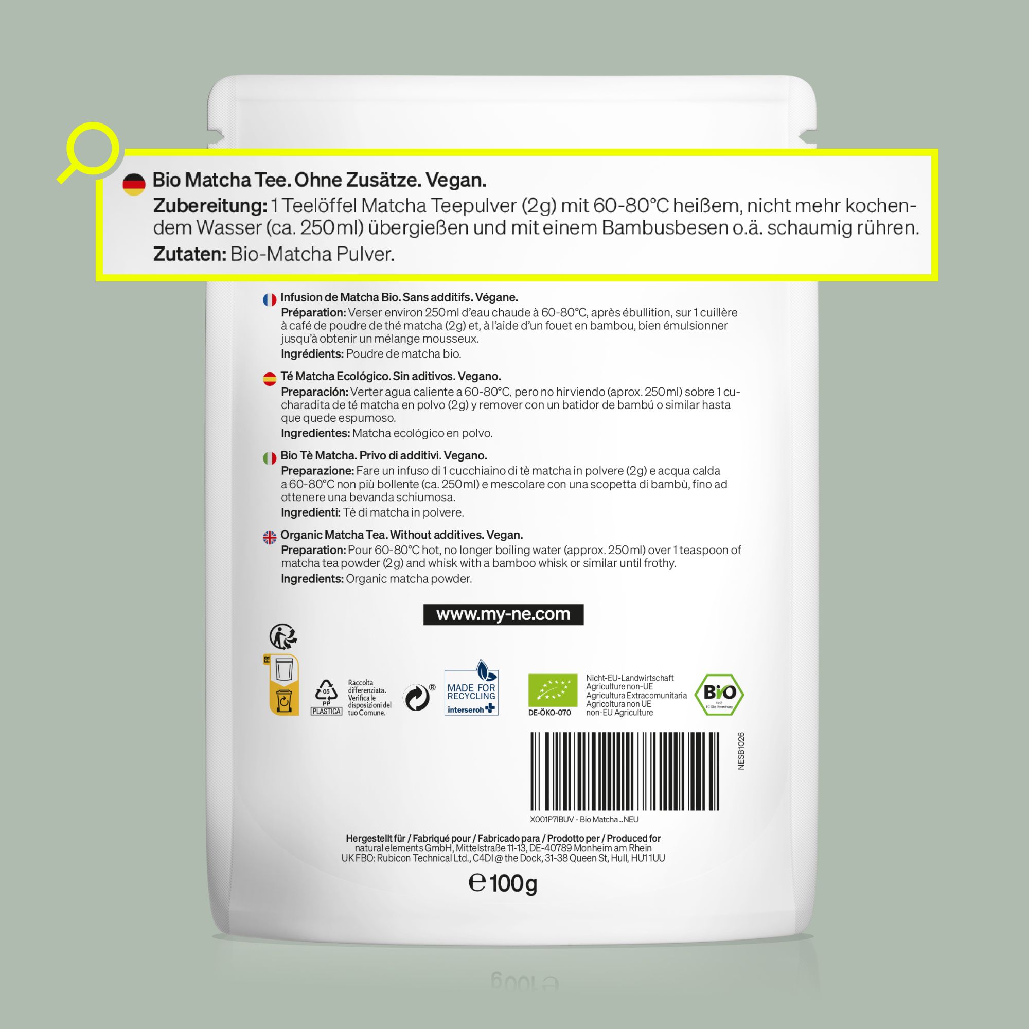 Rückseite der Matcha-Tee-Verpackung. Text in Deutsch, Englisch, Spanisch und Italienisch. Enthält Informationen zu Zubereitung und Inhaltsstoffen.