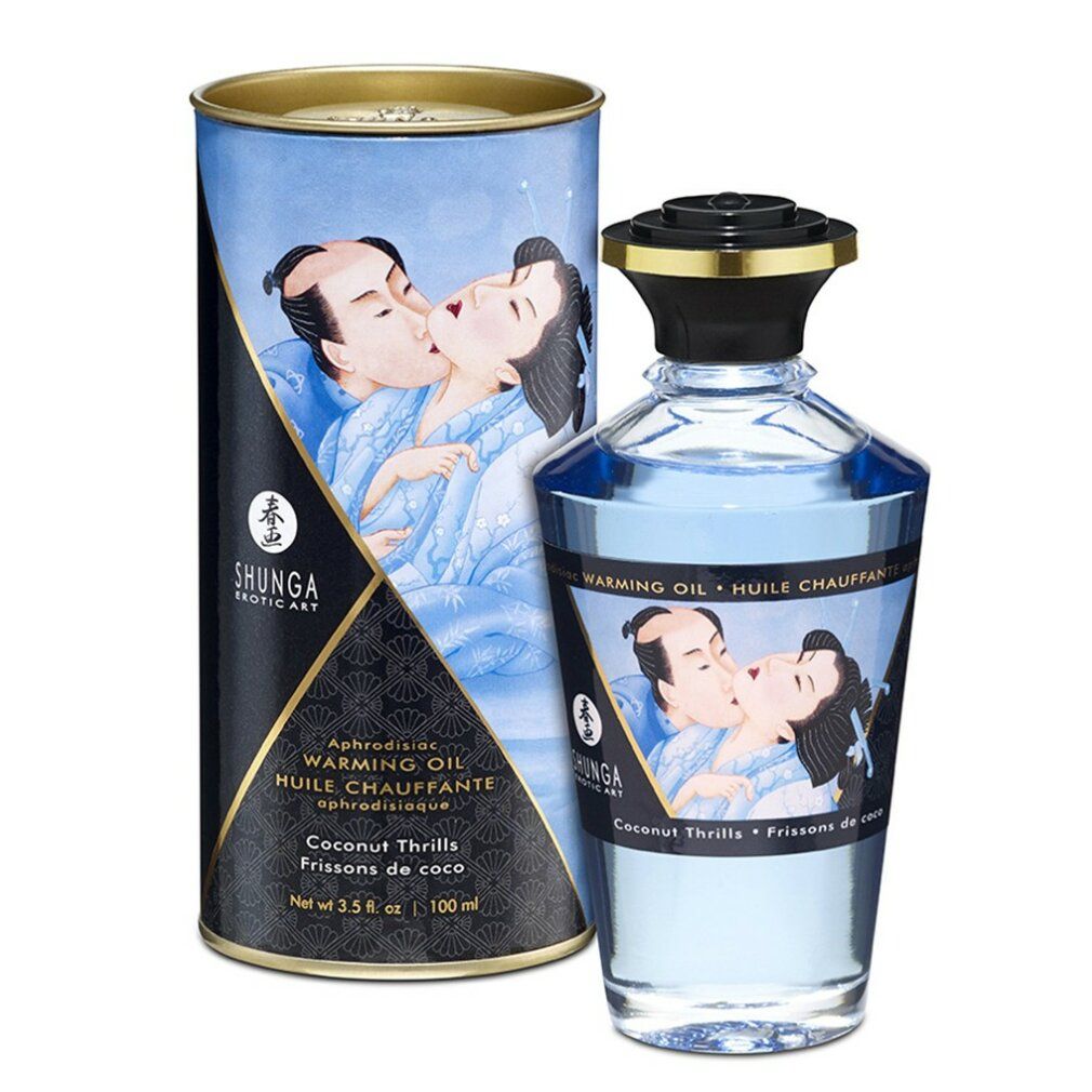 Zylindrische Dose und Flasche mit blauem Öl. Aufschrift: Shunga, Warming Oil, Coconut Thrills.