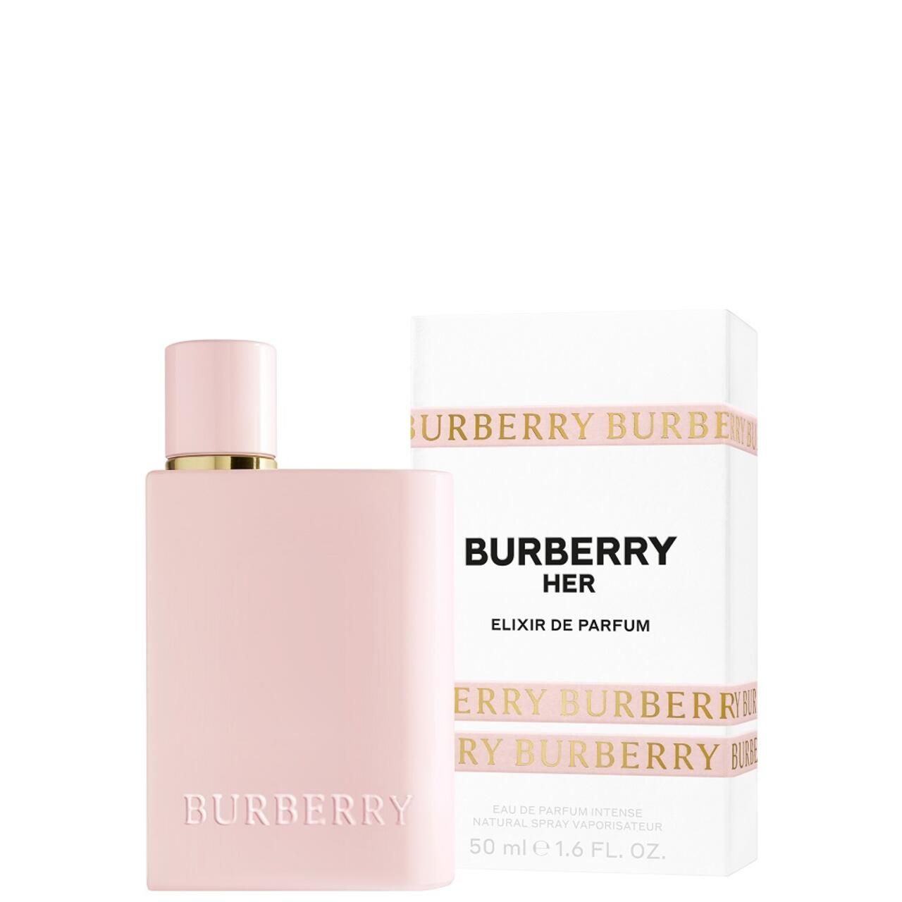 Rosa Burberry Her Elixir Flakon und Verpackung. Flakon mit goldener Kappe. Verpackung mit Burberry-Schriftzug.