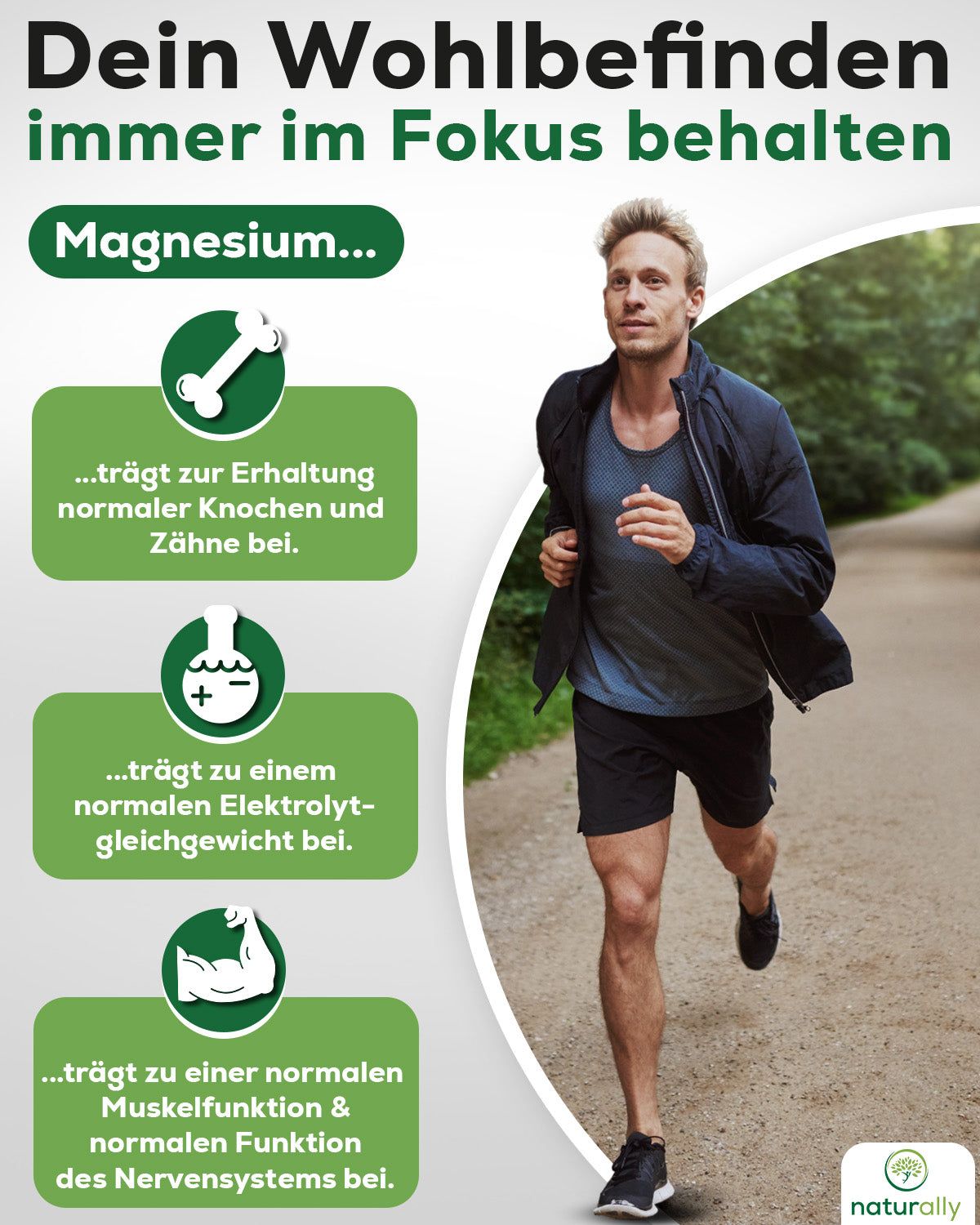 Mann beim Joggen. Text: Magnesium... trägt zur Erhaltung normaler Knochen und Zähne bei.