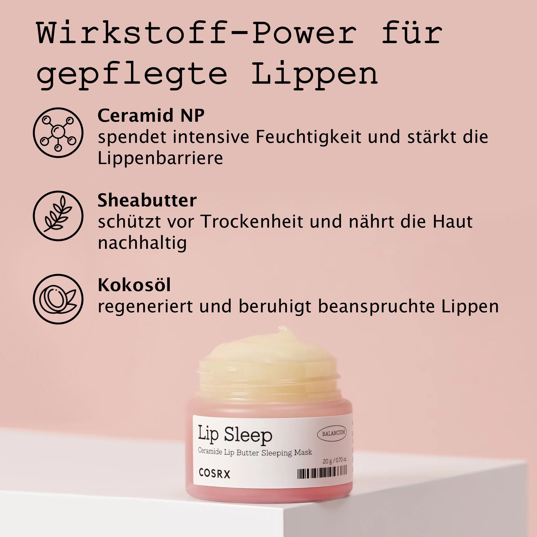 Geöffneter Tiegel mit Produkt. Text: Ceramid NP, Sheabutter, Kokosöl. COSRX.