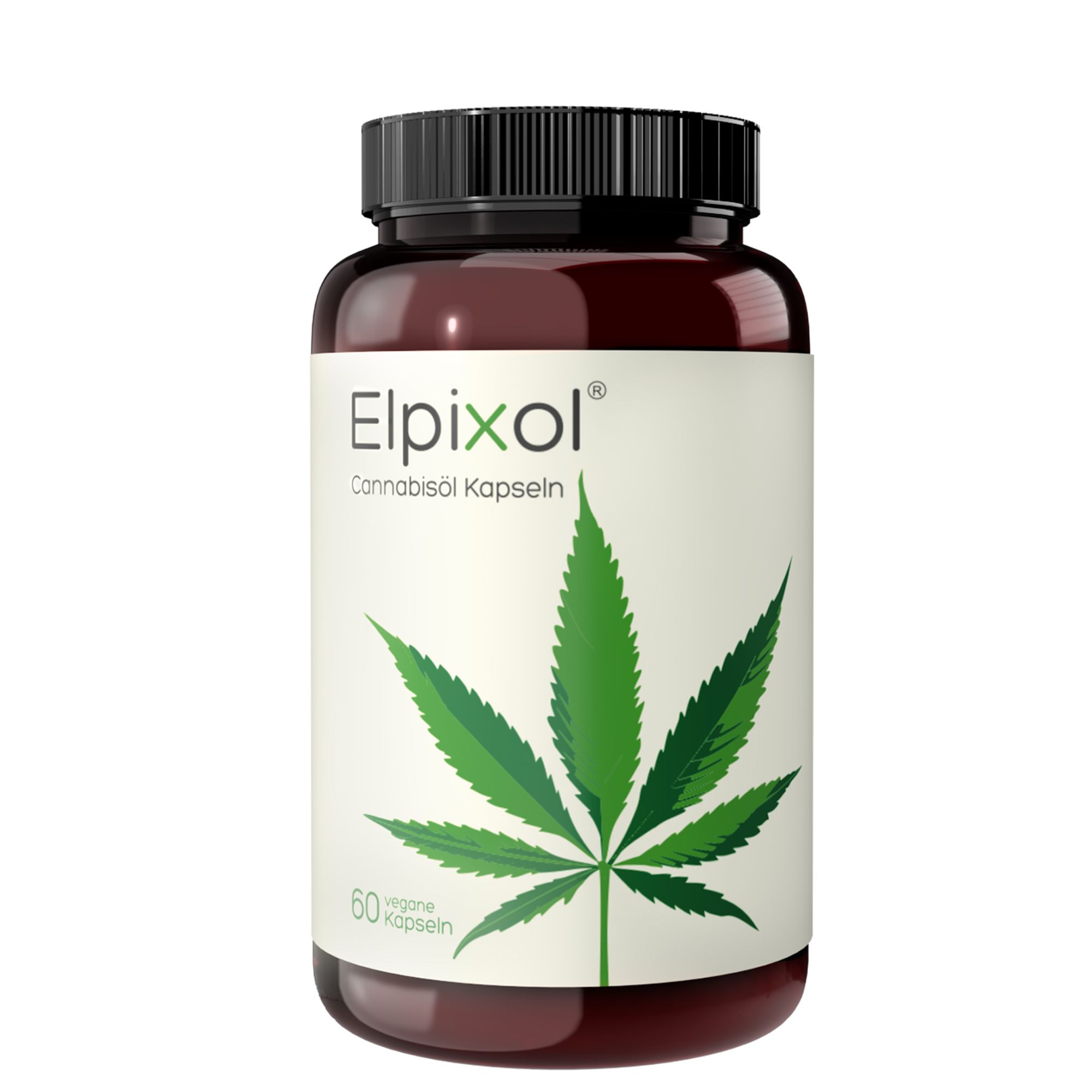 Braune Flasche mit schwarzem Deckel. Weißes Etikett mit grünem Hanfblatt und Schriftzug Elpixol Cannabisöl Kapseln. 60 Kapseln.
