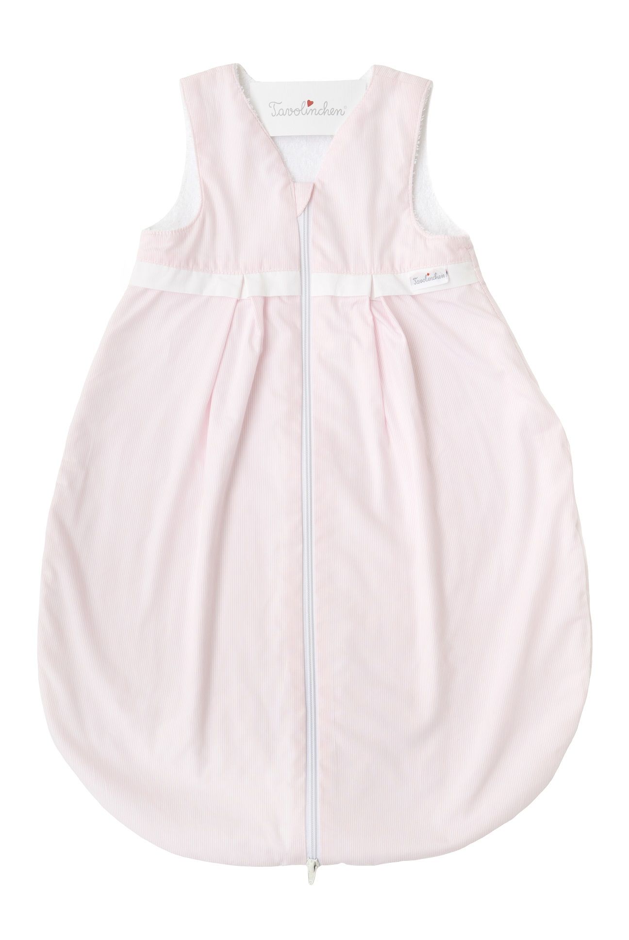 Rosa Schlafsack mit weißem Reißverschluss und Biese. V-Ausschnitt, Markenlogo. Baumwollstoff.