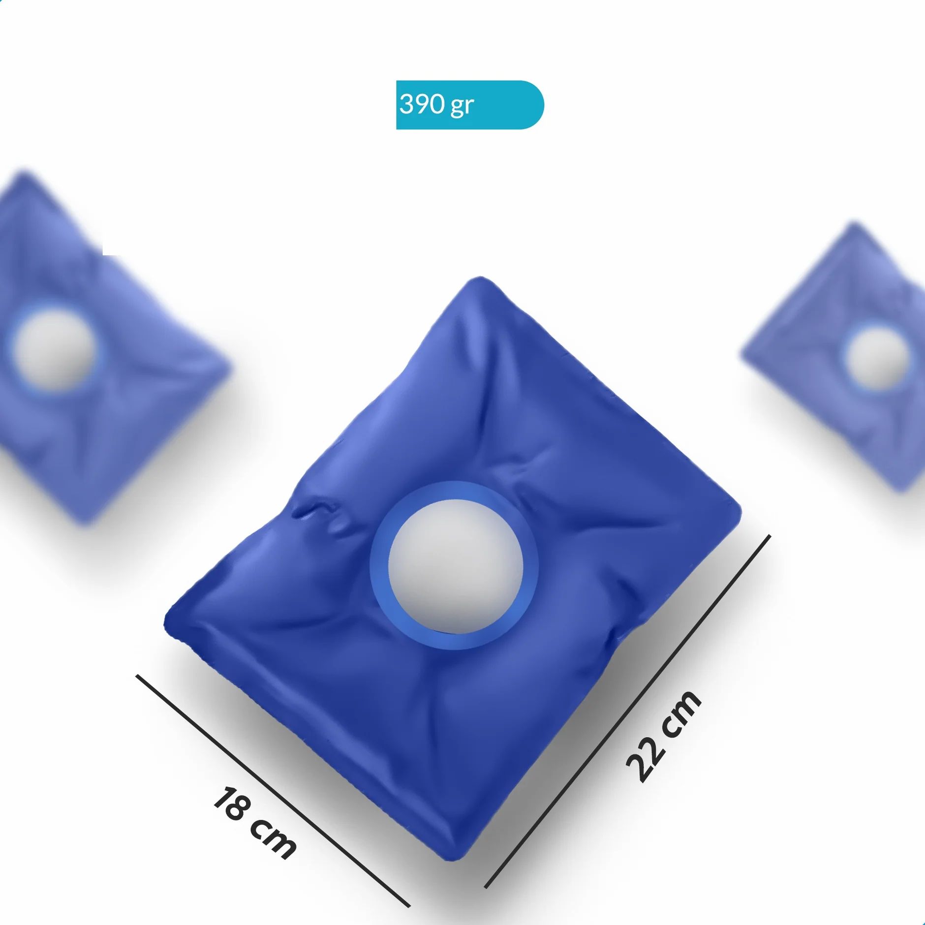 Blaues Gelpack mit Loch und Maßen 18x22 cm. Gewicht 390 g. Für Wärme- und Kältetherapie.