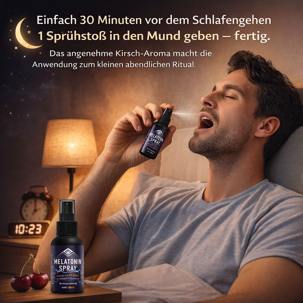 Mann sprüht Spray in den Mund. Flasche mit Aufschrift: Pharma Health Melatonin Spray. Kirschen und Wecker im Hintergrund. Zweite Flasche.
