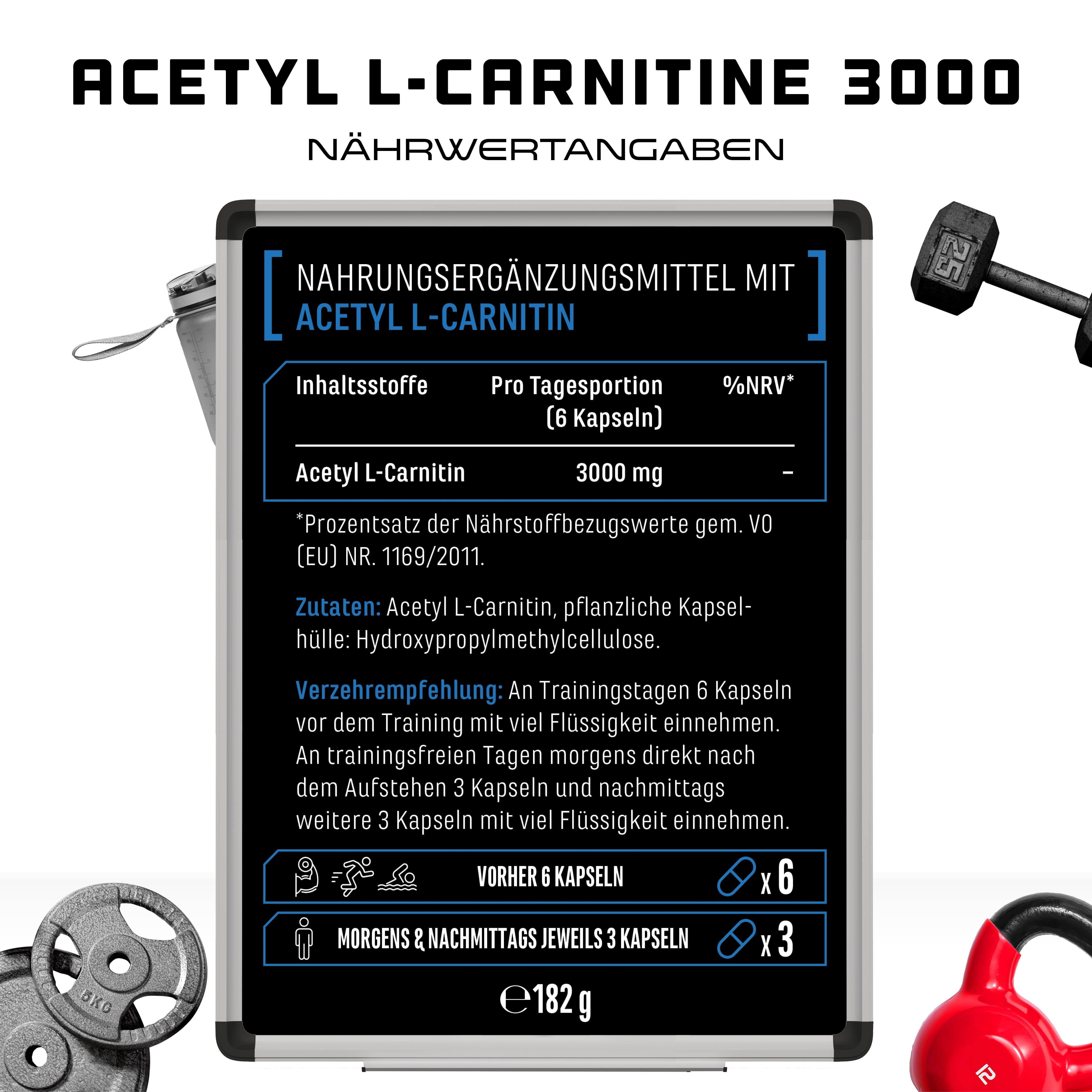 Nährwertangaben für Acetyl L-Carnitin. Pro Tagesportion (6 Kapseln): 3000 mg. Zutaten, Verzehrempfehlung. 6 Kapseln vor dem Training, 3 morgens und nachmittags.