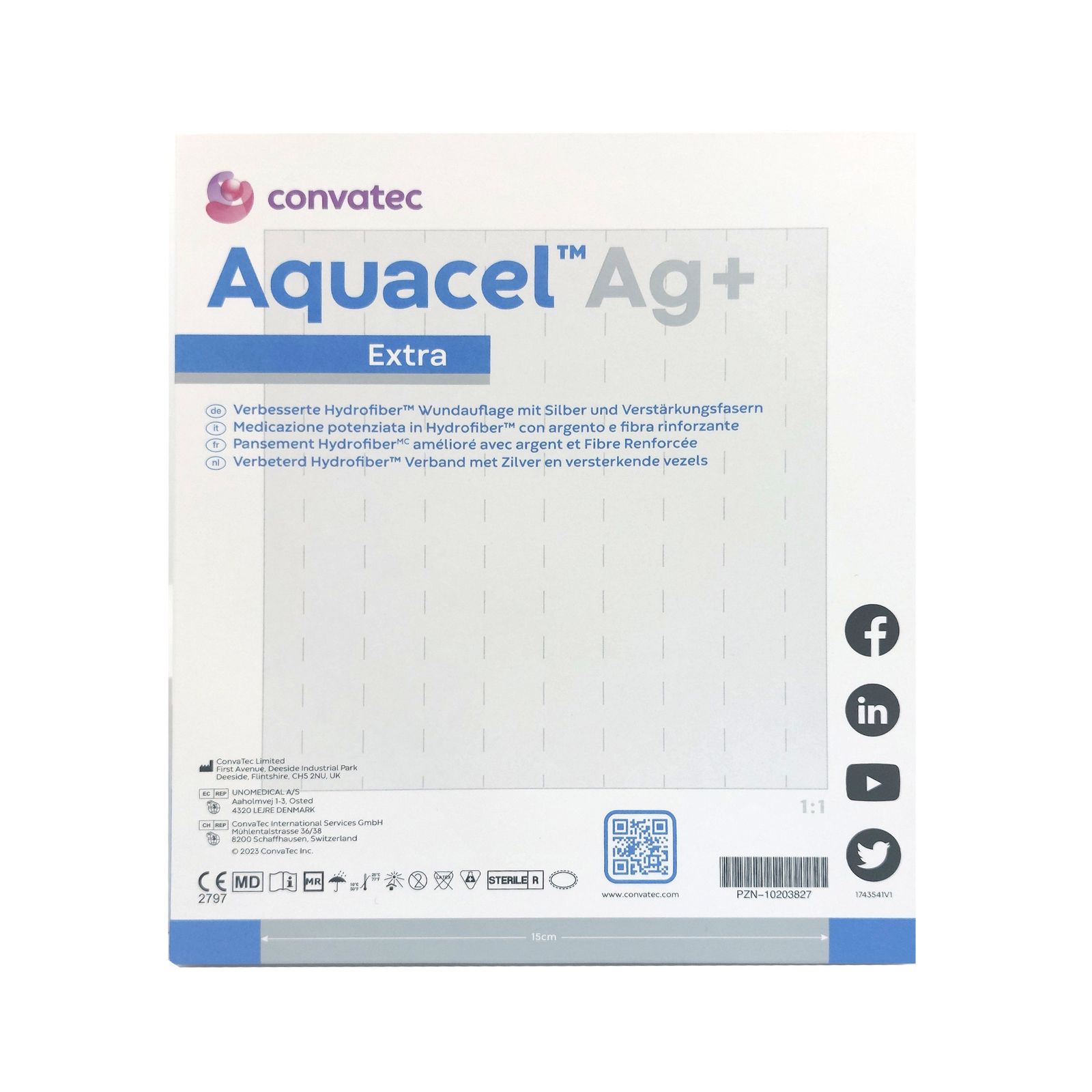 Verpackung von Aquacel Ag+ Extra Wundauflage. Weiß, mit Produktinformationen und Logos. Enthält Hydrofaser-Verband.