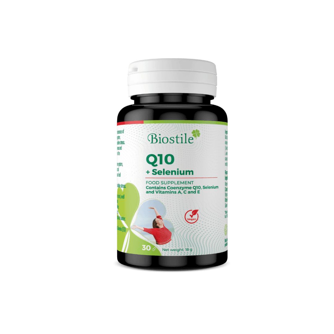 Biostile Q10 + Selen Nahrungsergänzungsmittel in dunkler Dose mit weißem Deckel, 30 Kapseln.
