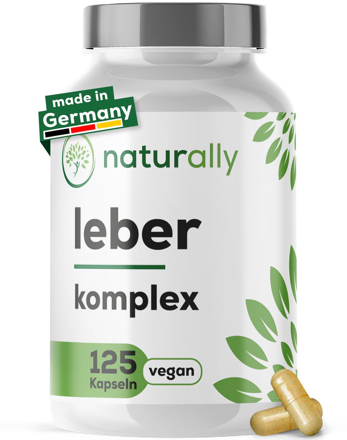 Weiße Flasche mit grünem Etikett. Aufschrift: naturally leber komplex. 125 Kapseln, vegan. Made in Germany.