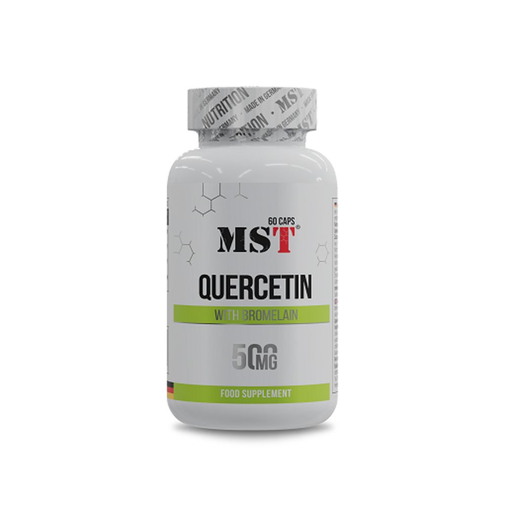 Weiße Flasche mit Kapseln. Aufschrift: MST, Quercetin mit Bromelain, 500mg. 60 Kapseln. Grüner Streifen. Deckel mit Aufschrift.