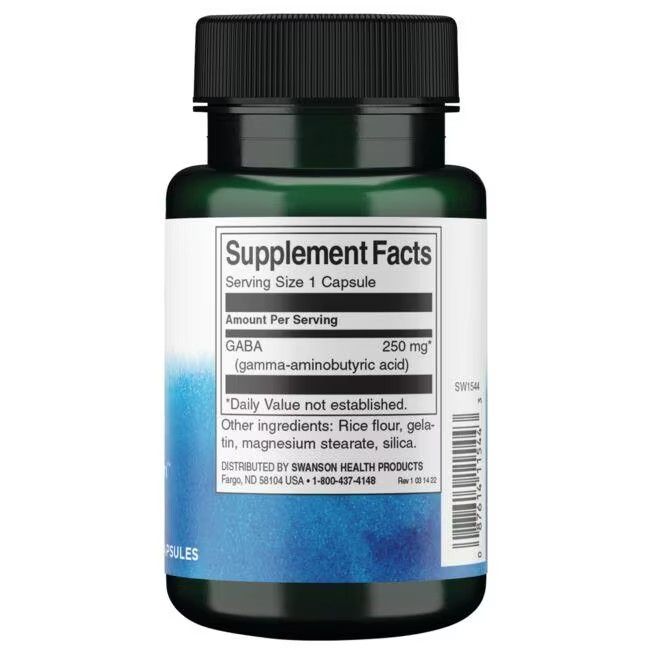 Rückseite einer grünen Flasche. Weißes Etikett mit Nährwertangaben. Enthält GABA (250 mg).