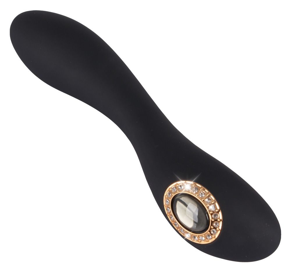 Schwarzer Vibrator mit ovalem, goldfarbenem Detail mit Schmucksteinen. Ergonomische Form.