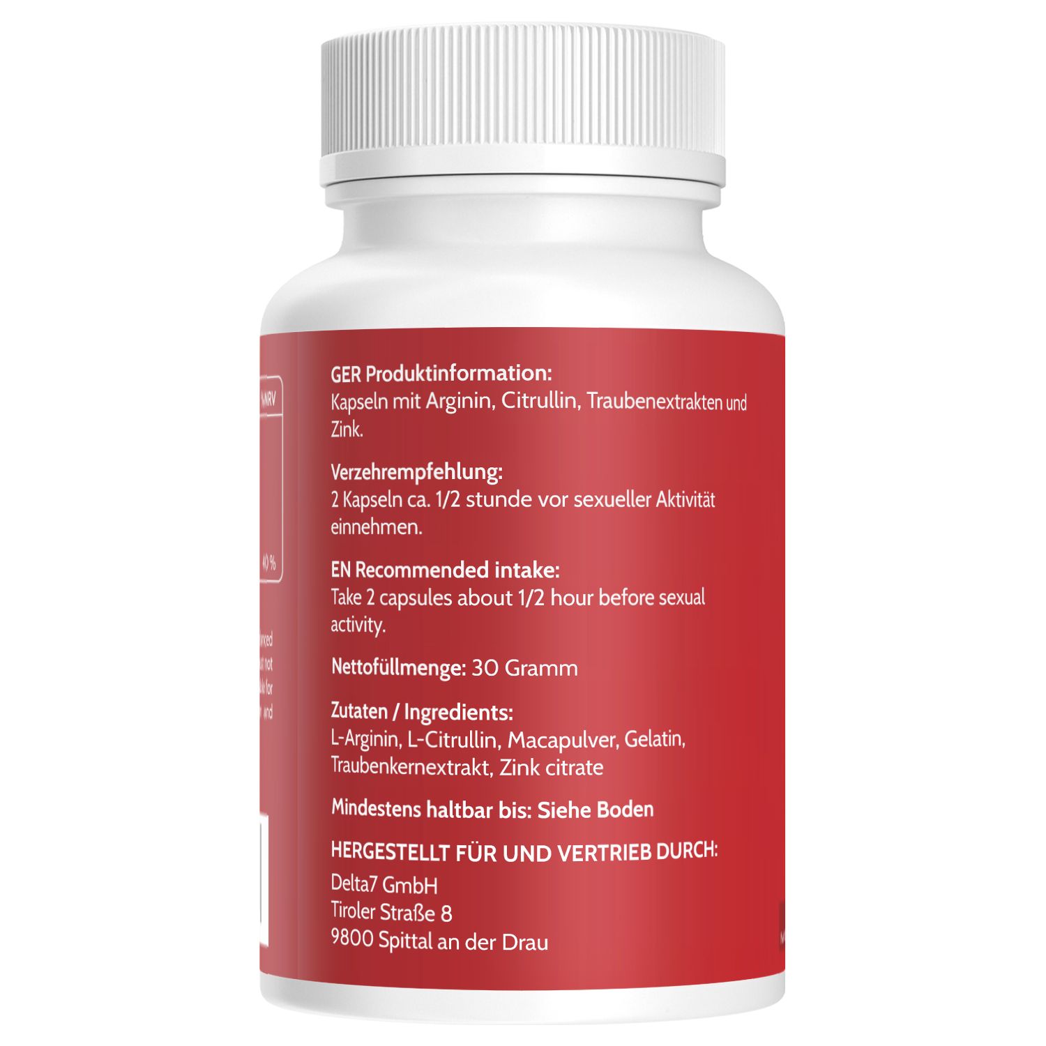 Rückseite einer Erovix Power Booster Dose mit Produktinformationen und Inhaltsstoffen.