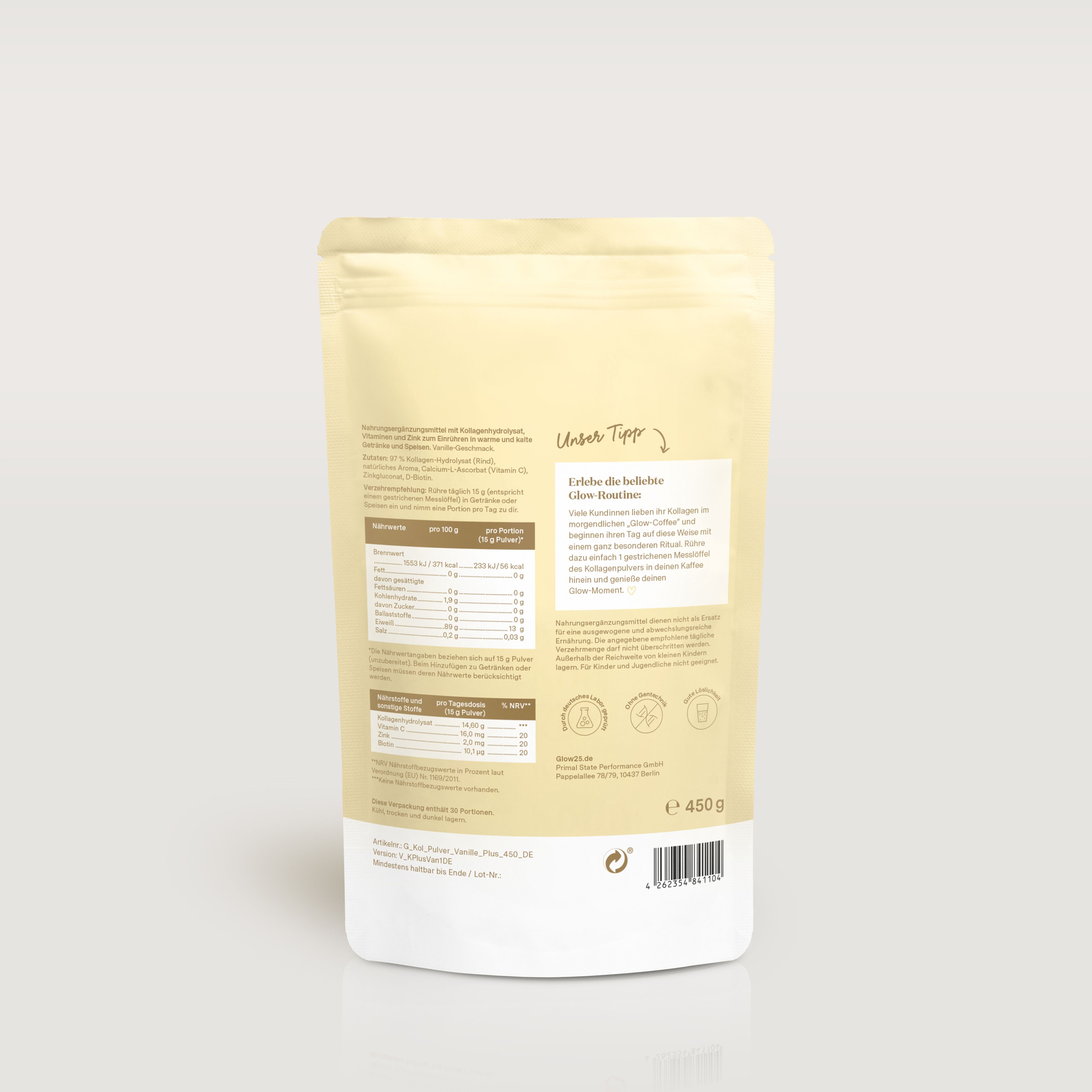 Rückseite der Glow25® Kollagen Plus Verpackung. Text: Nährwertangaben, Zutaten, Anwendungshinweise, Zertifizierungen.