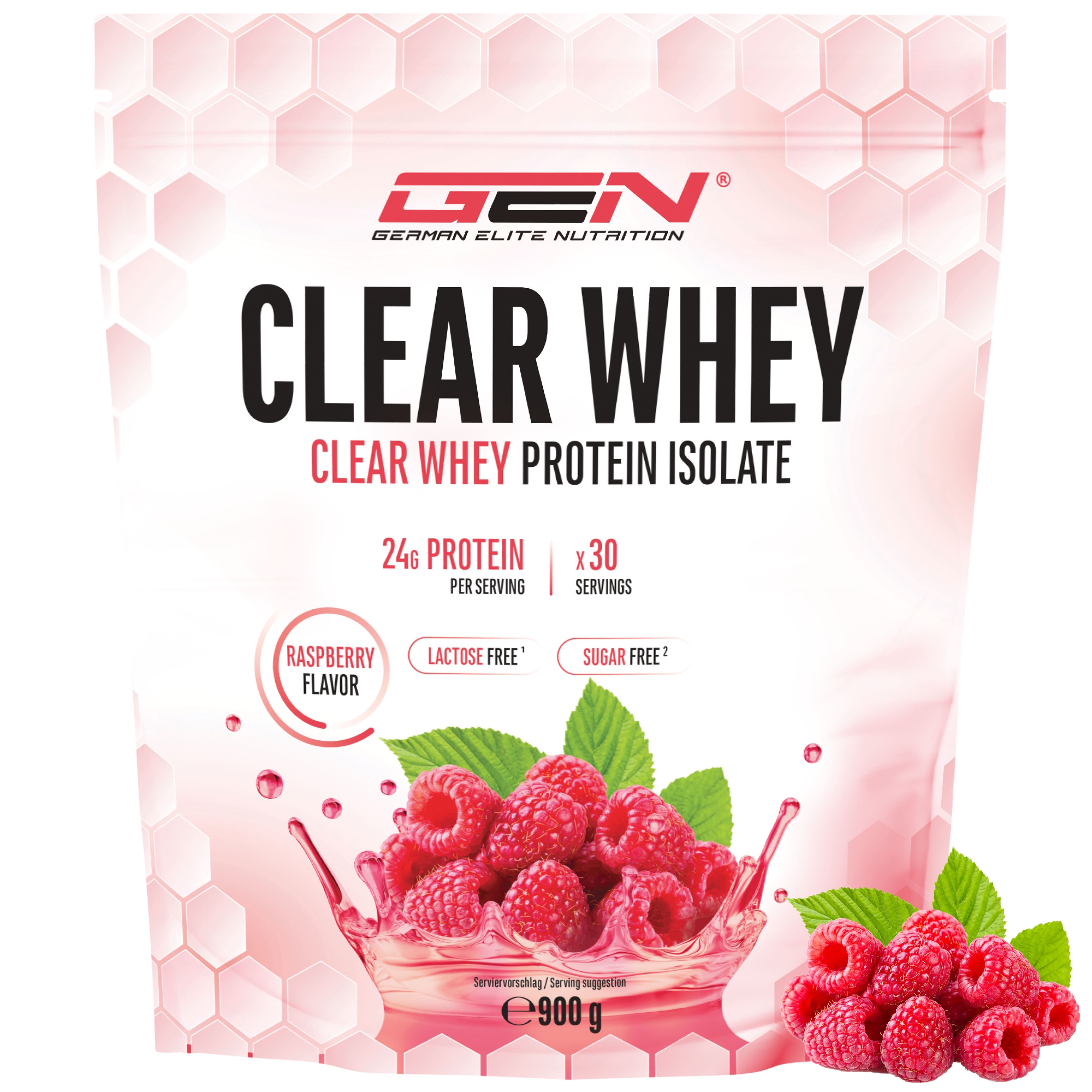 GEN Clear Whey Protein Isolat Beutel mit Himbeergeschmack. Enthält 24g Protein pro Portion, laktosefrei und zuckerfrei. 900g.