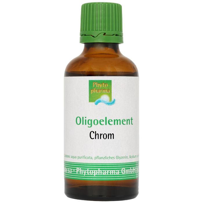 Braune Glasflasche mit grünem Verschluss. Etikett mit "Oligoelement Chrom" und Logo. Hersteller: Phytopharma GmbH.