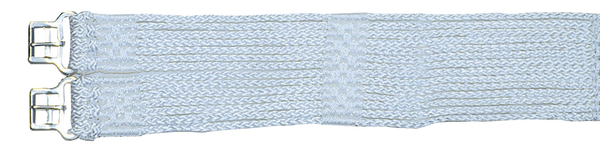 Weißer Sattelgurt aus Nylon mit Metallschnallen. Das Produkt ist auf weißem Hintergrund abgebildet.