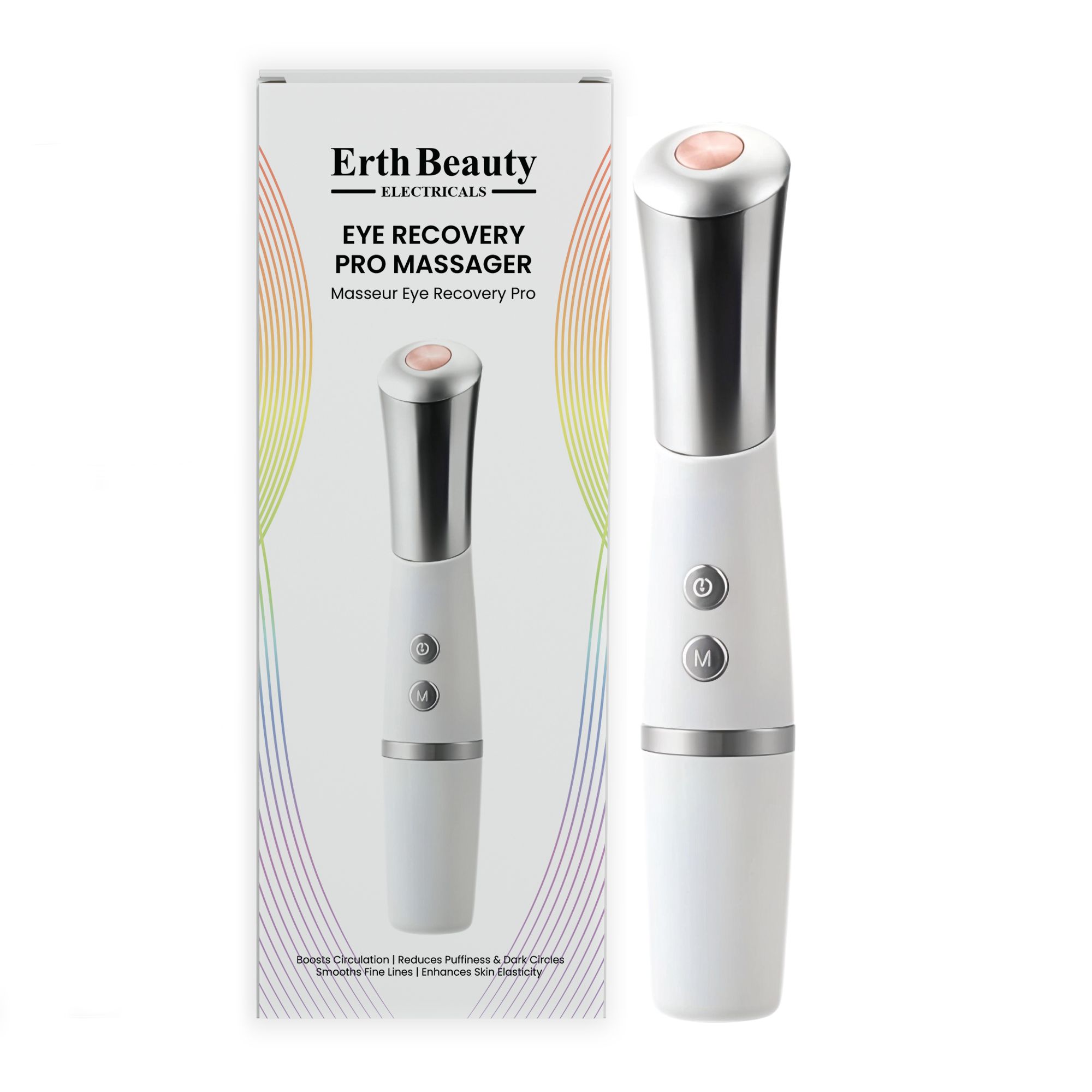 Weißes Augenmassagegerät mit silbernen Akzenten und Verpackung. Auf der Verpackung steht "Erth Beauty Electricals" und "Eye Recovery Pro Massager".