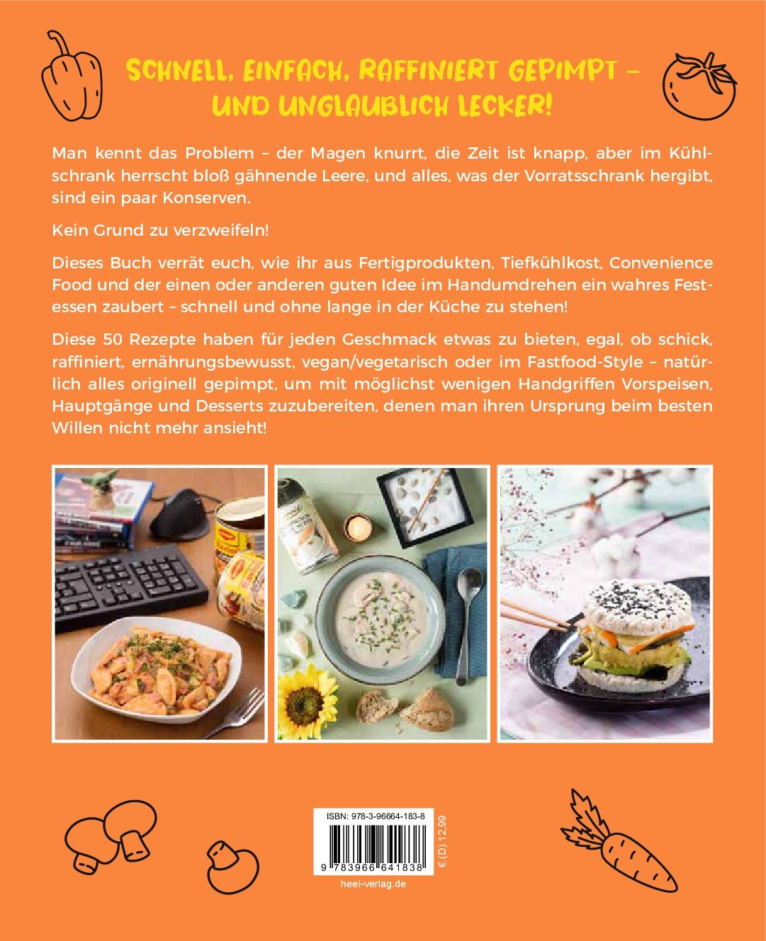 Rückseite des Buches "Pimp my Fertiggericht" mit Text und Fotos von Gerichten. ISBN-Code unten.