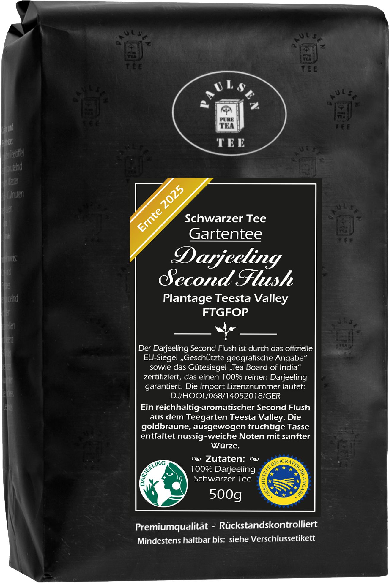 Schwarzer Tee in schwarzer Verpackung. Text: Paulsen Tee, Darjeeling Second Flush, Plantage Teesta Valley, Ernte 2025.