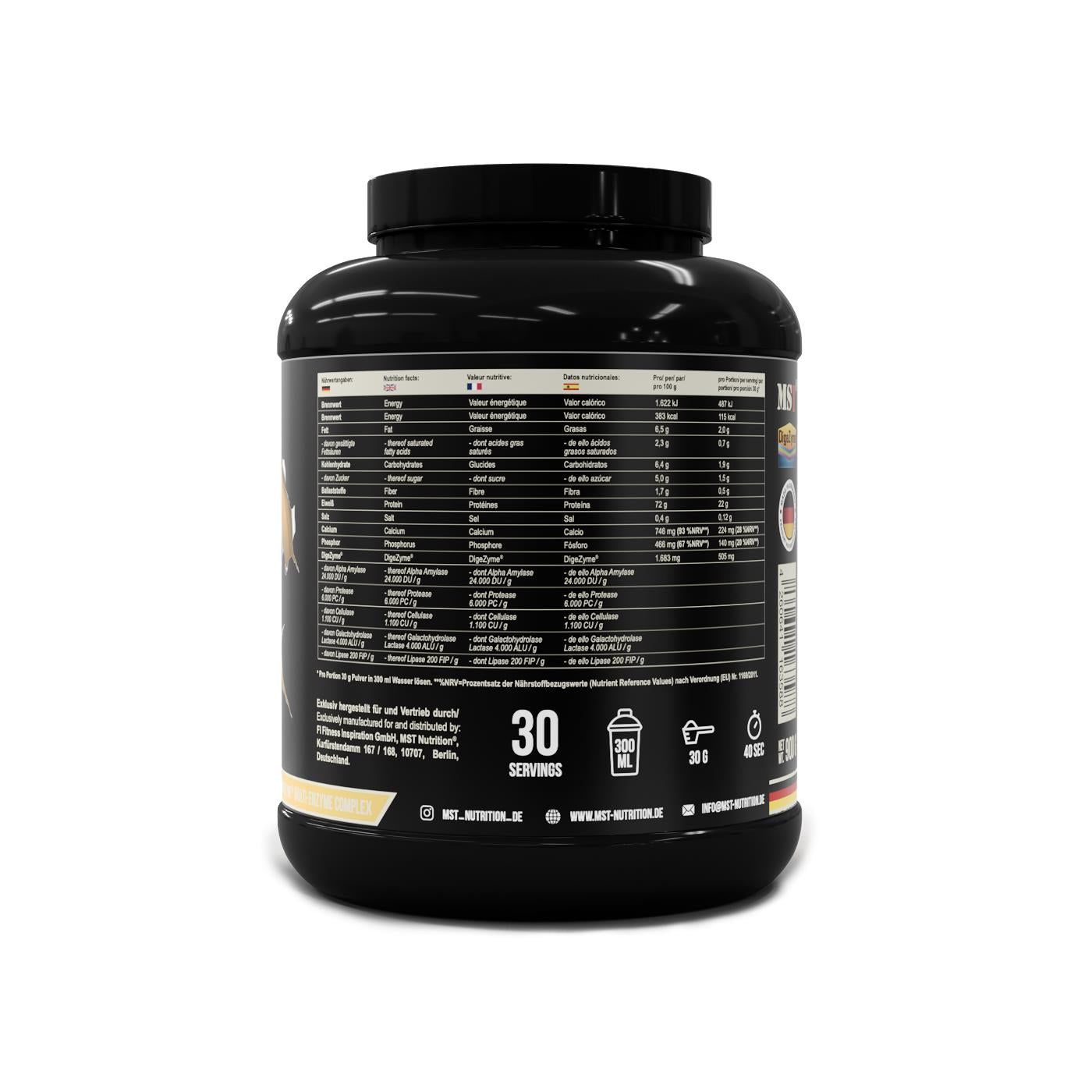 Schwarze Dose mit Nährwertangaben und 30 Portionen. Enthält Informationen in Deutsch, Französisch und Italienisch.