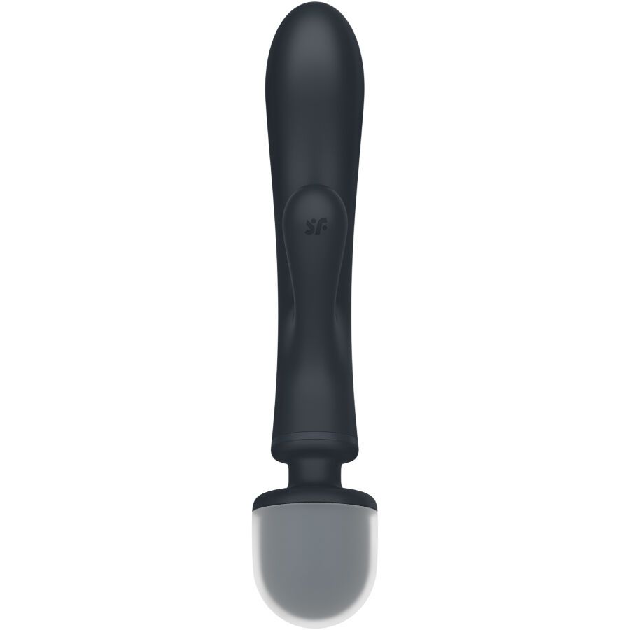 Schwarzes, ergonomisches Wellness-Produkt. Mit länglichem Schaft und grauer Spitze. SF-Logo.