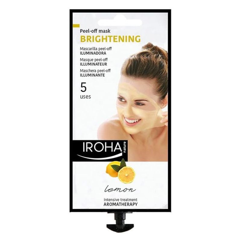 Verpackung mit Frau und Maske. Text: Peel-off mask, Brightening, 5 uses, IROHA, lemon, Aromatherapie.