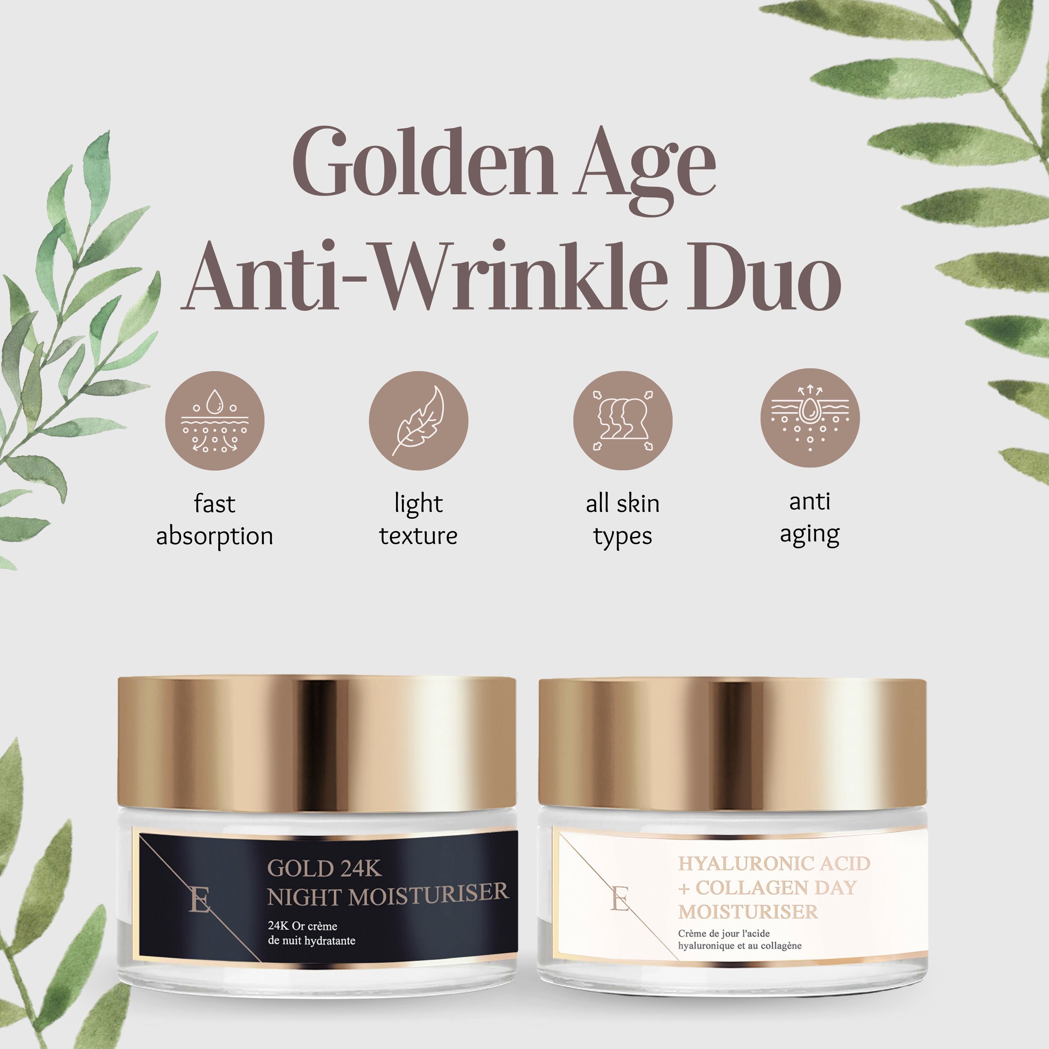 Zwei Cremetiegel mit goldenen Deckeln. Links: Gold 24K Night Moisturiser. Rechts: Hyaluronsäure + Collagen Day Moisturiser. Text: Golden Age Anti-Wrinkle Duo.