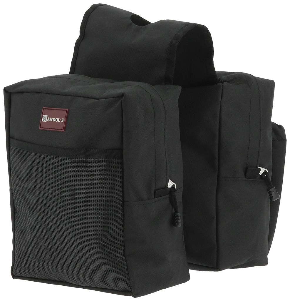 Schwarze Satteltasche mit dem Logo "Randol's". Sie hat zwei Hauptfächer und eine Netztasche.