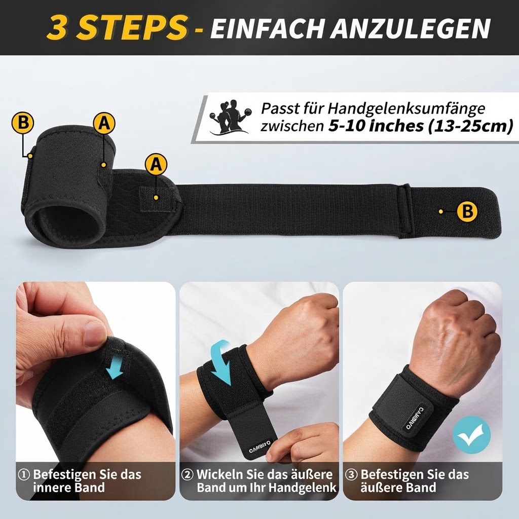 Anleitung zum Anlegen einer Handgelenkbandage in drei Schritten mit Größenangabe (13-25cm).