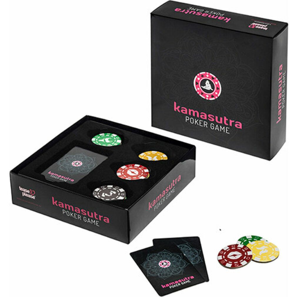 Geöffnete schwarze Box mit Spielkarten und Pokerchips. "Kamasutra Poker Game"-Logo sichtbar.