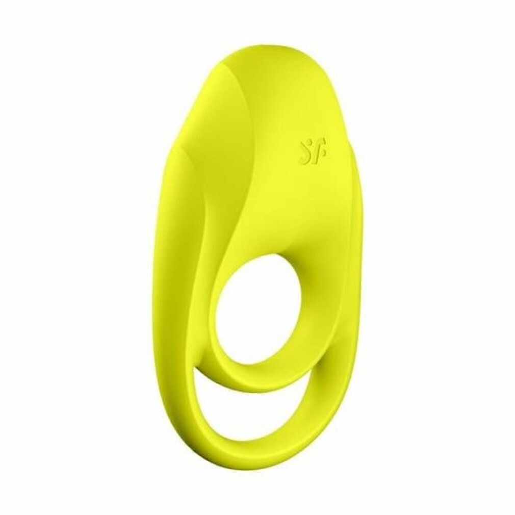Neon-grüner Ringvibrator. Oval geformt mit zwei Öffnungen. Oberseite mit Symbolen. 