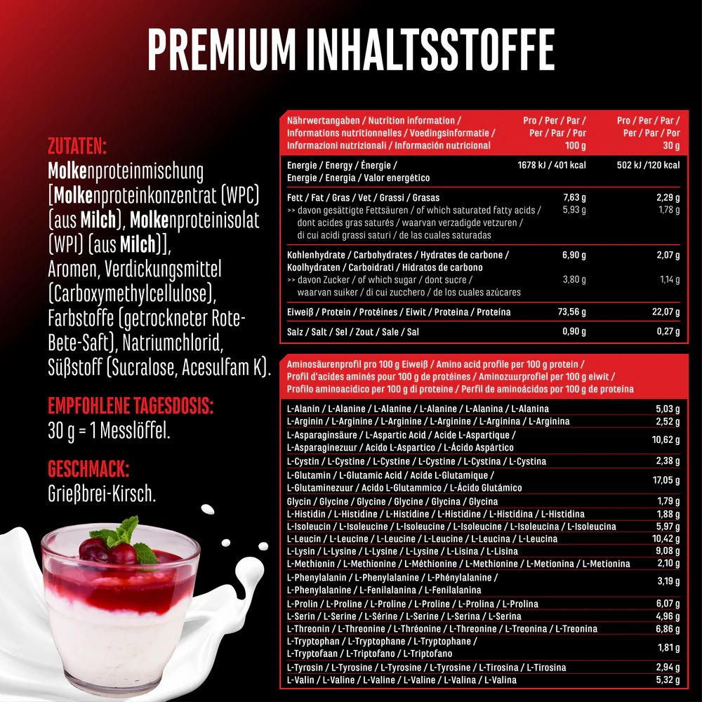 GEN Whey Protein Komplex. Nährwerttabelle mit Zutaten und Aminosäurenprofil. Empfohlene Tagesdosis: 30g. Geschmack: Grießbrei-Kirsch.