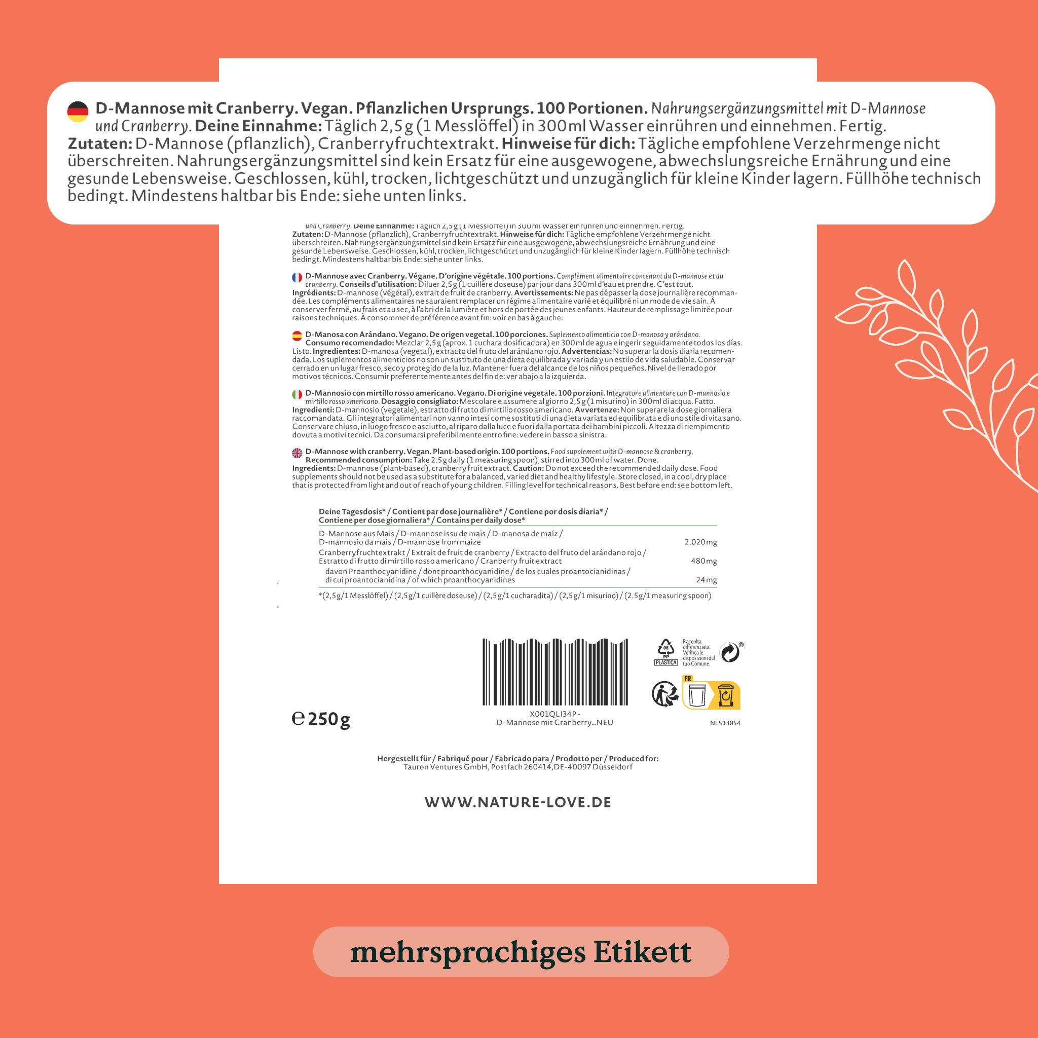 Rückseite der Verpackung mit Nährwertangaben und Inhaltsstoffen. Mehrsprachiges Etikett.