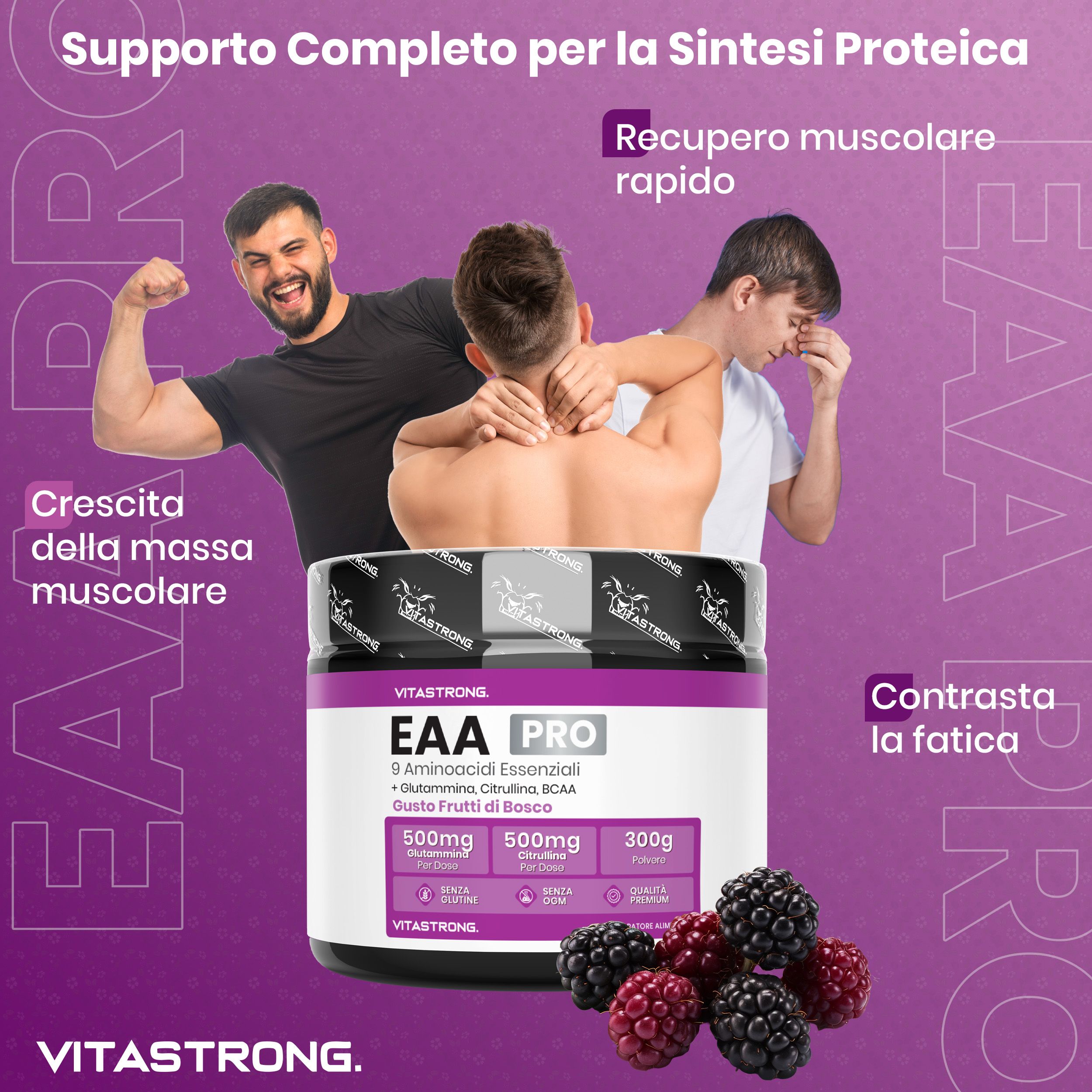 Vitastrong EAA Pro, Dose. Männer zeigen Muskeln. Text: Muskelaufbau, schnelle Erholung, Fettabbau.