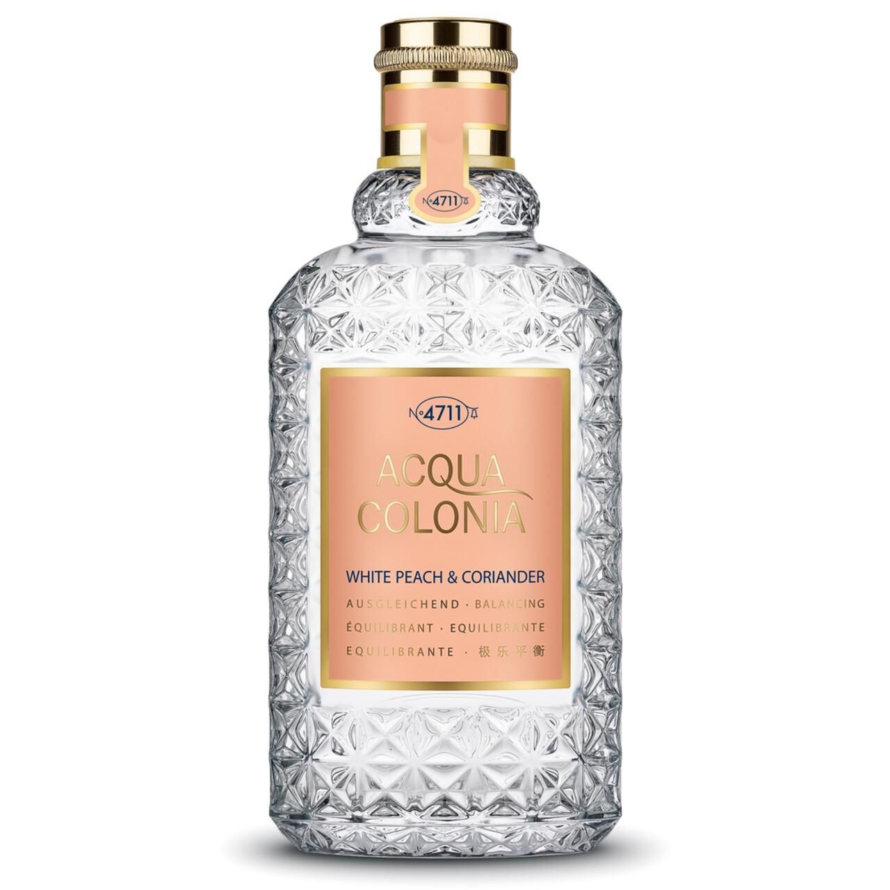 Glasflakon mit Aufschrift Acqua Colonia White Peach & Coriander. Flakon mit goldfarbenem Verschluss.