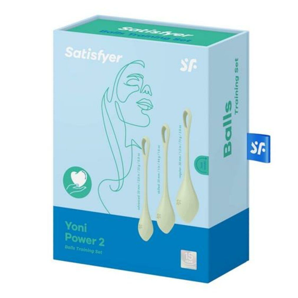 Verpackung mit drei grünen Trainingskugeln. Auf der Verpackung steht "Satisfyer" und "Yoni Power 2".