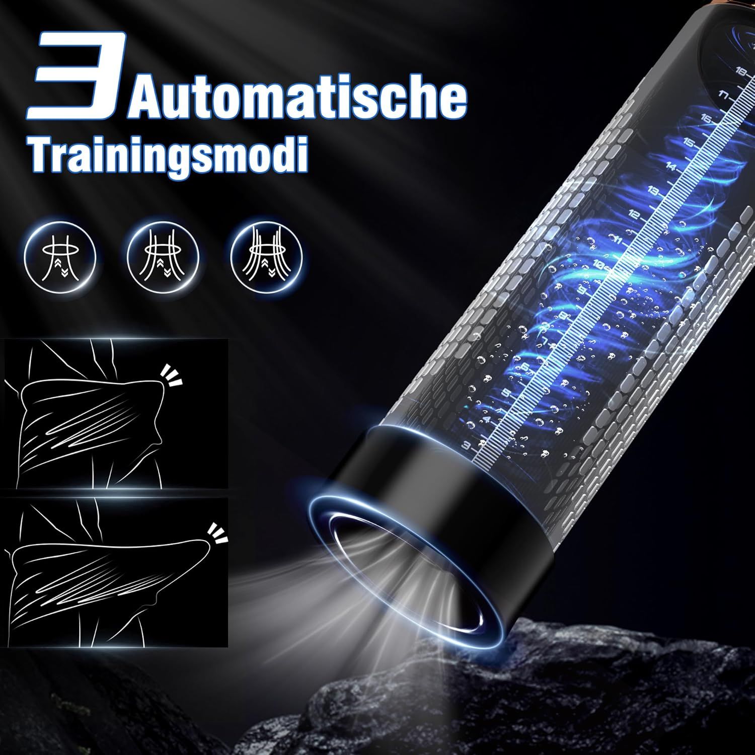 Pumpe mit digitalem Display. Zeigt 3 automatische Trainingsmodi. Schwarzes Gehäuse mit goldenen Akzenten.