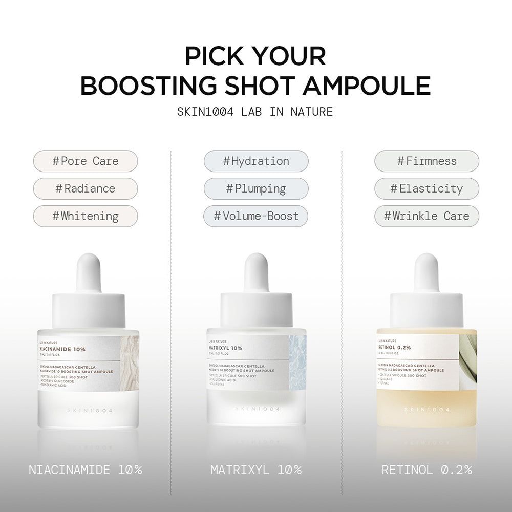 Drei SKIN1004 Ampullen: Niacinamid, Matrixyl, Retinol.