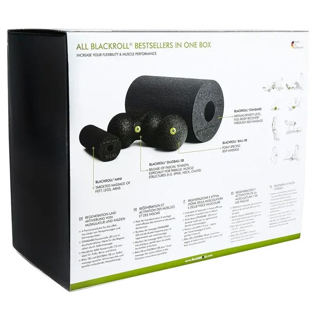 Rückseite der Box mit Produktabbildungen. Text: ALL BLACKROLL BESTSELLERS IN ONE BOX. Abbildungen von Rollen und Bällen. Made in Germany.