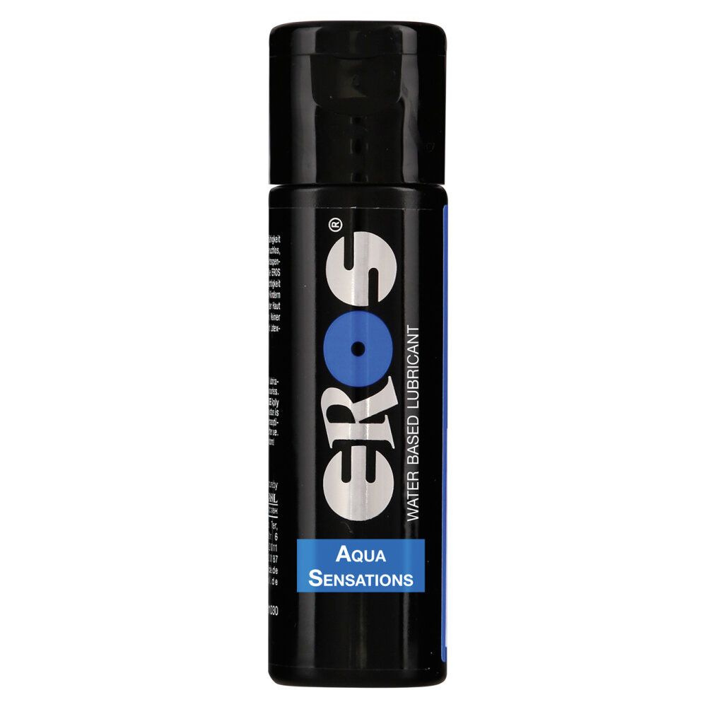 Schwarze Flasche mit blauem Etikett. Aufschrift: EROS, Aqua Sensations, Water Based Lubricant.