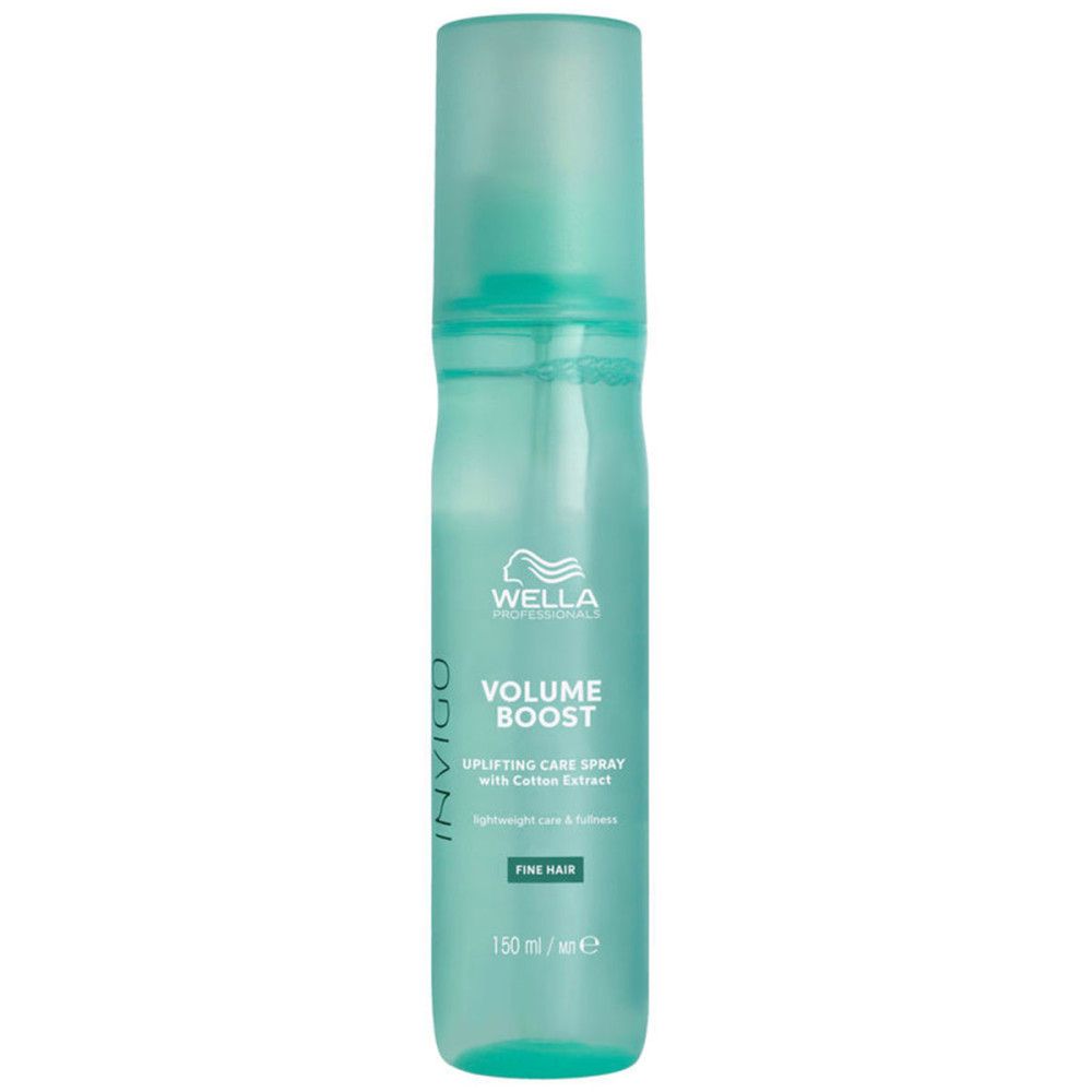 Türkisgrüne Sprühflasche. Aufschrift: Wella, Volume Boost, Invigo. Für feines Haar. Enthält 150 ml.